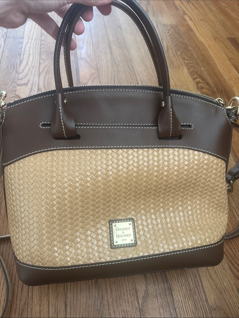 Dooney & Bourke Brown and Tan Woven Satchel With Gold Plaque